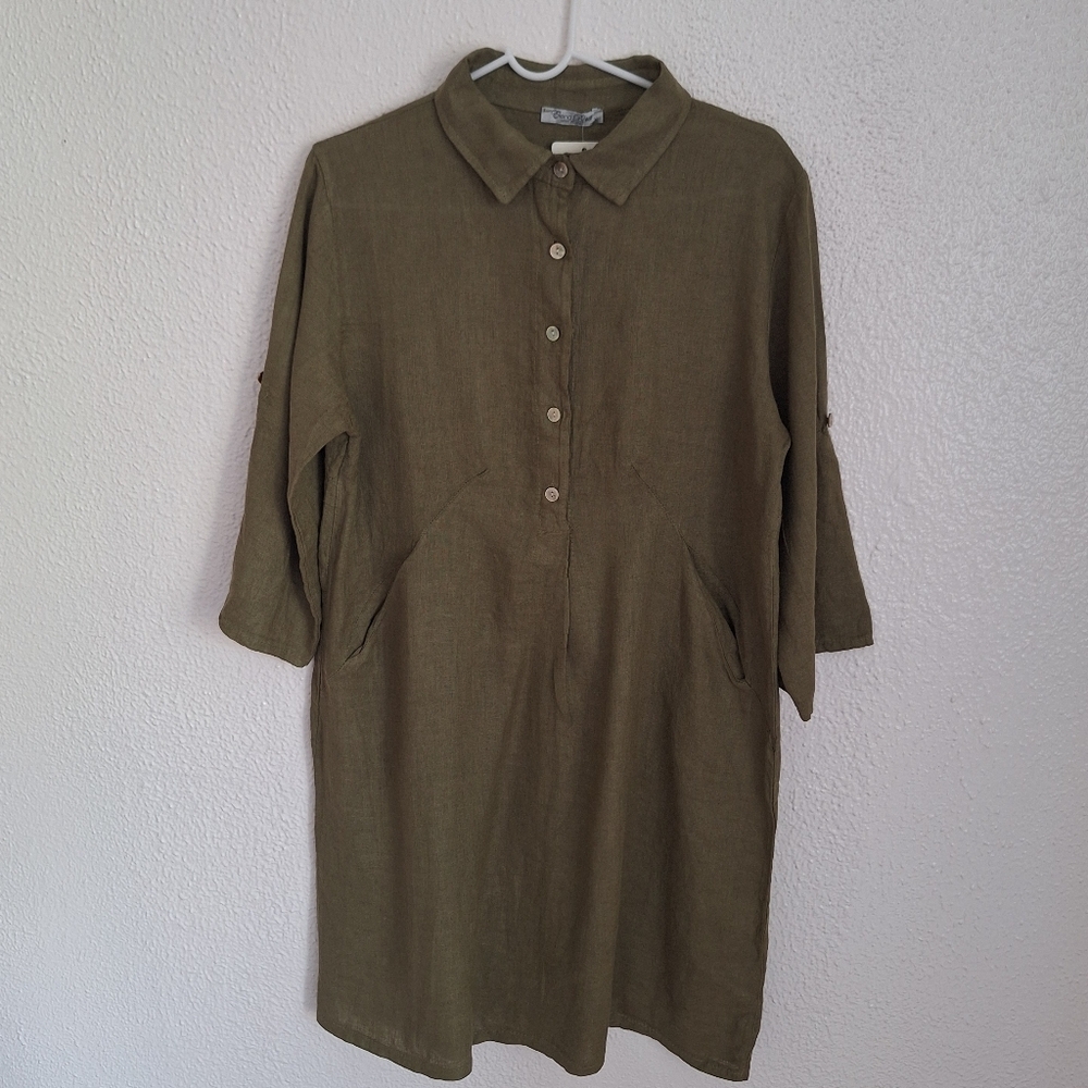 NWT ELENA BALDI LINEN Chic Olive Green Button-Up Midi Dress made Italy - Picture 2 of 8
